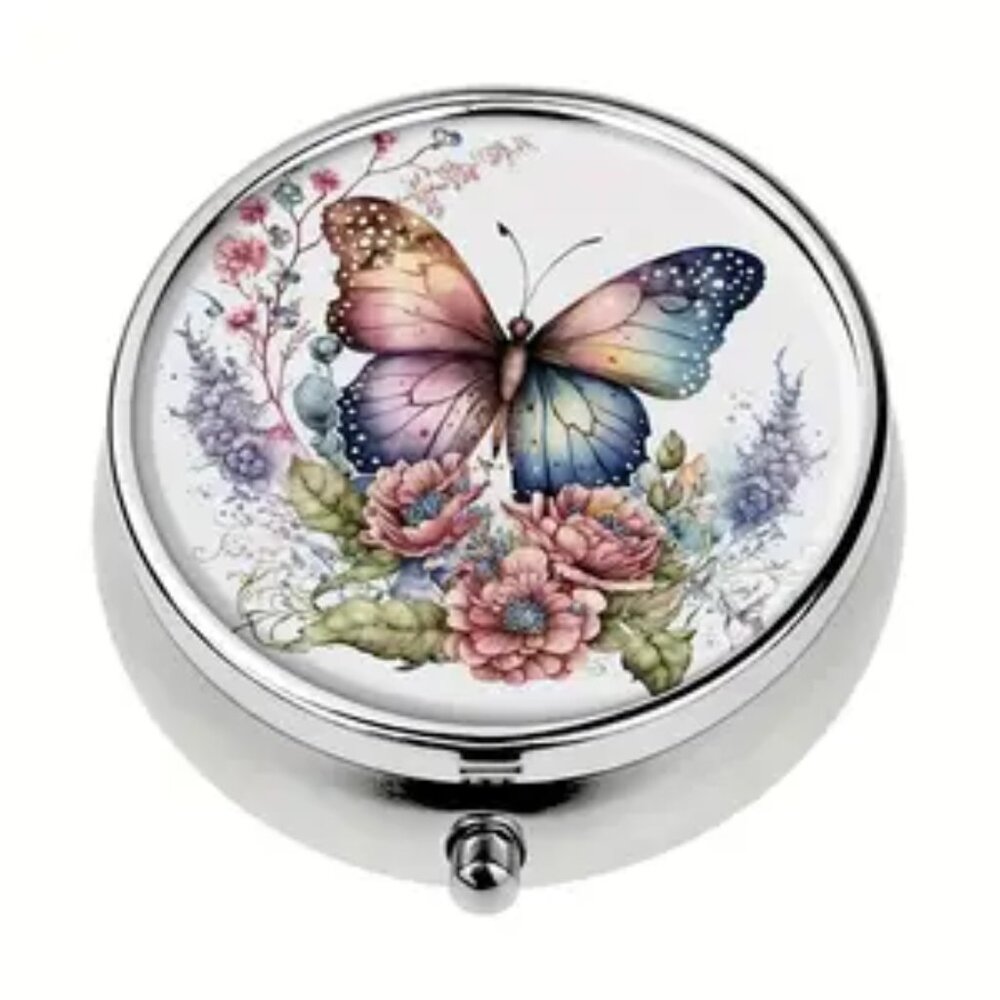1pc.  Vintage Butterfly Floral Pill Box -  NEW